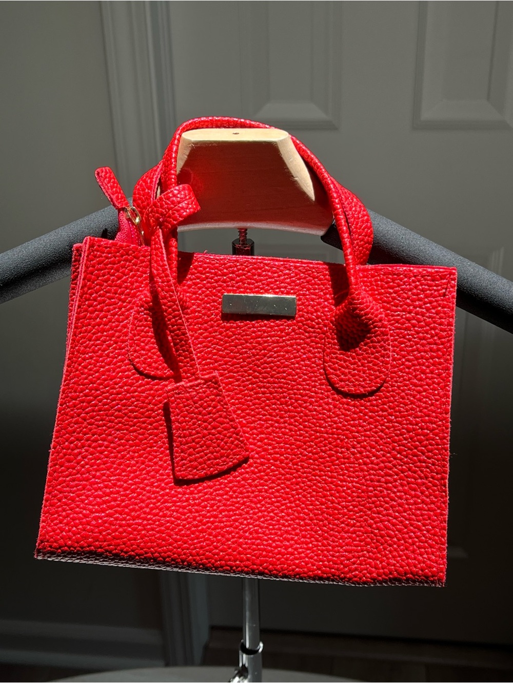 Red Pebbled Faux Leather Mini Satchel Crossbody Bag Structured Top Handle